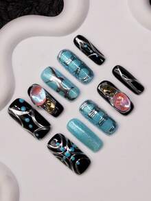 手工制作的方形 Y2K 风格按压式指甲，采用 A 形设计，黑色/蓝色按压式指甲件，具有不对称液态金属饰面，饰有 3D 蓝猫眼和极光宝石元素，适合女士和女孩，10 件装，3 种不同尺寸，带工具包，非常适合派对、舞蹈和日常穿着，是送给女士和女孩的绝佳礼物。 - 彩色 - 查看 2