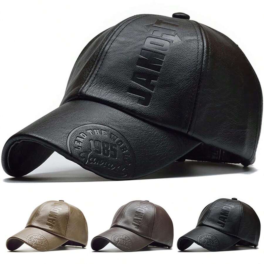 1pc Men's Solid Color PU Leather Baseball Cap, Adjustable Warm Casual Hat Suitable For Outdoor, Travel, Beach, Party In Autumn/Winter - Multicolor - View 1