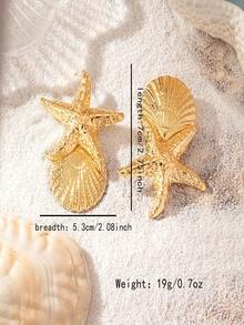 1 par de aretes de estrella de mar y concha dorada de playa, accesorios versátiles, adecuados para mujeres para usar - Dorado - Ver 4