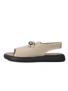 Summer Fashion New Mesh Thick Soft-Soled Comfortable Beach Shoes, Roman Holiday Style Sandals, Modern Rural Style Women's Sandals, Creative Design With Decorative Chain, Back Heel Strap, Solid Color Slip-On Flat Sandals - Khaki - View 2