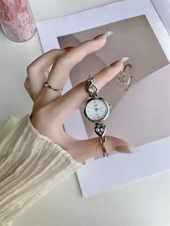 1pc Silver /Rose Gold Tone French Style Fashionable Elegant With Rhinestones Bracelet Watch For Women, Retro & Vintage & Fancy, Quartz Watch, Perfect For Daily Life, Parties, Holidays And Gift Giving