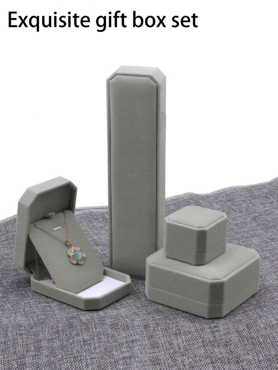 4pcs Exquisite Luxury Gray Jewelry Packaging Gift Box, Gray Velvet Octagonal Jewelry Box, Suitable For Storage And Display Of Rings, Pendants, Bracelets, Necklaces And Other Jewelry - Flannel Jewelry Gift Box - View 1