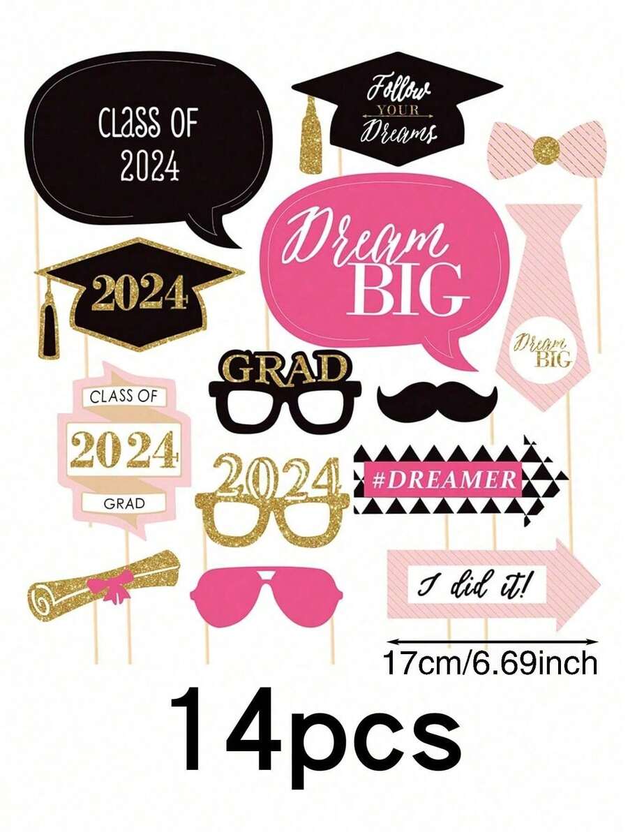 14 Pieces Class Of 2024 Graduation Party Photo Booth Props Kit