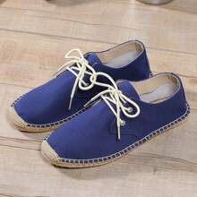 Men Espadrilles Canvas Shoes, Straw Rope Sole, Casual Breathable Woven Flat Shoes. Striped Braided Non-Slip Unisex Lace-Up Rope Sole Fisherman Shoes. (Narrow Toe, Big Feet Recommend Sizing Up One)