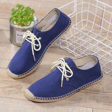 Men Espadrilles Canvas Shoes, Straw Rope Sole, Casual Breathable Woven Flat Shoes. Striped Braided Non-Slip Unisex Lace-Up Rope Sole Fisherman Shoes. (Narrow Toe, Big Feet Recommend Sizing Up One)