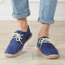 Men Espadrilles Canvas Shoes, Straw Rope Sole, Casual Breathable Woven Flat Shoes. Striped Braided Non-Slip Unisex Lace-Up Rope Sole Fisherman Shoes. (Narrow Toe, Big Feet Recommend Sizing Up One)