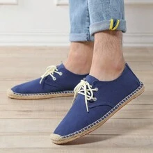 Men Espadrilles Canvas Shoes, Straw Rope Sole, Casual Breathable Woven Flat Shoes. Striped Braided Non-Slip Unisex Lace-Up Rope Sole Fisherman Shoes. (Narrow Toe, Big Feet Recommend Sizing Up One)