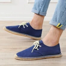 Men Espadrilles Canvas Shoes, Straw Rope Sole, Casual Breathable Woven Flat Shoes. Striped Braided Non-Slip Unisex Lace-Up Rope Sole Fisherman Shoes. (Narrow Toe, Big Feet Recommend Sizing Up One)