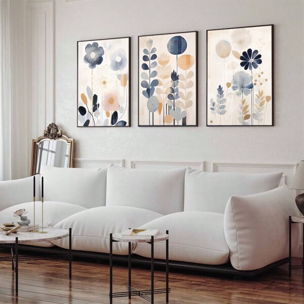 Modern Navy Blue Abstract Art 3-Piece Set, Beige Prints, Wabi-Sabi Style Prints, Bohemian Style Floral Abstract Poster, Minimalist Floral Print, Japandi Style Wall Art, Canvas Painting Print, Living Room Wall Painting Poster Decor, Frameless Gifts Birthday Graduation