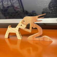鄉村手工製作的女孩和狗雕像 - 真實木製裝飾品，適用於客廳，創意核桃木動物雕塑與家庭，極簡主義家居裝飾和手工雕刻飾品 - 彩色 - 查看 5