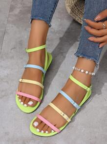 Women's Fashionable Green Simple Flat Sandals, Colorful Buckle Shiny Fashionable And Comfortable Open Toe Sandals, 2025 New Summer Plus Size Glamorous High-End Round Toe Sandals, Plus Size Wide Width Shoes Women,Casual Women's Shoes Suitable For Outdoor And Party Wear, Sexy Shoes For Women,Ladies Shoes,Green Shoes,Sparkly Sandals,Green Sandals,Suitable For Vacation And Beach Fun,Dopamine Color Matching