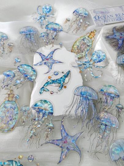 1 paquet de 20 feuilles Autocollant en PET doré avec des créatures marines méduses, dauphins, baleines et bouteille magique