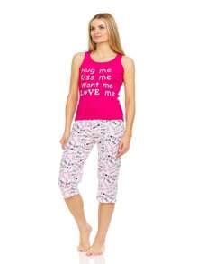 81C Women Capri Pajamas Set Sleeveless Female Pajamas Set, Top 100% Cotton, Bottom 55% Cotton And 45% Polyester - Hot Pink - View 2