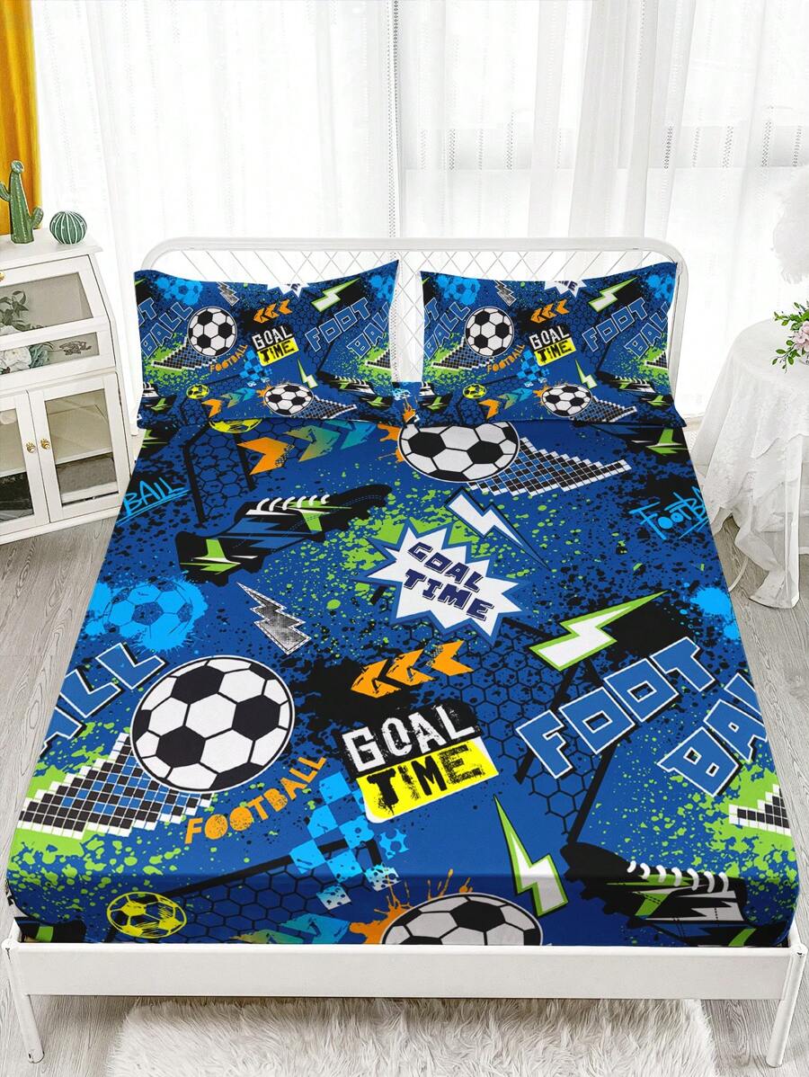 3入組床上用品套裝（1枚床墊套+2枚枕套，不含枕芯），高清印花足球、運動與字母圖案，適用於家庭和宿舍使用
