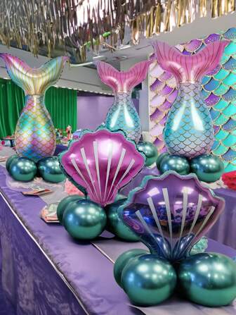 Set de 5 piezas de globos con temática de sirena, que incluye globo en forma de concha, globo metálico y de látex, globo de hoja de sirena, base de globo de látex, globo metálico de 25 cm en morado y verde, globo de látex en morado/azul/verde, para decoraciones de fiesta de cumpleaños con tema de sirena