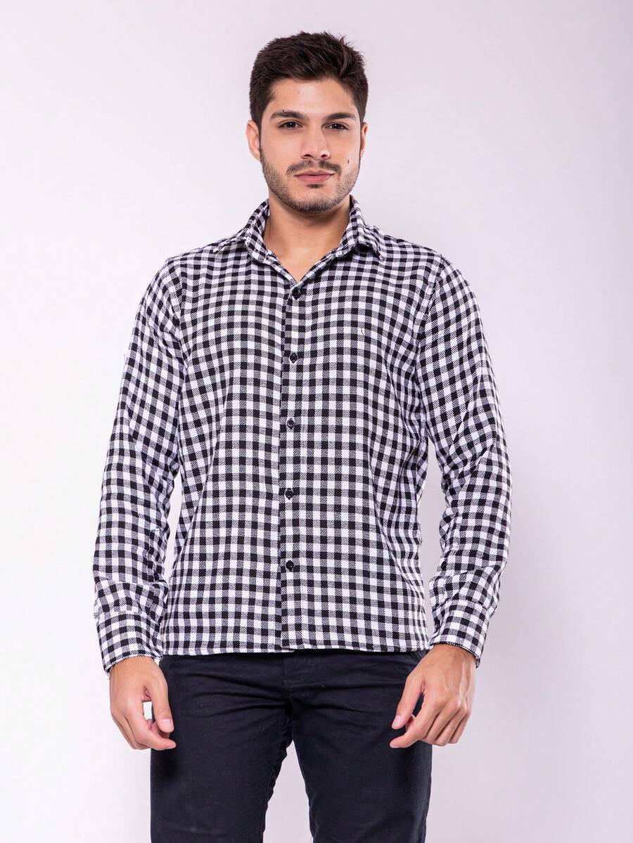 Camisa Xadrez Masculina Lenhador Manga Longa Modelo Novo - Preto e Branco - Visão 1