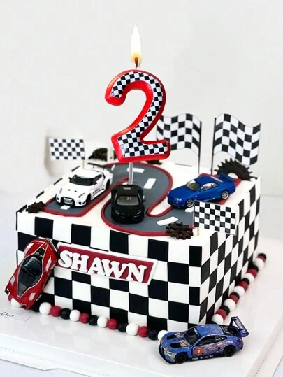 1pc Red Base Black & White Grid Race Car Theme Birthday Party Cake Decoration Candle, Numbers 0-9,
