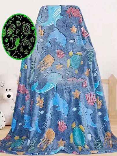 1 chiếc chăn flannel phát sáng trong bóng tối đáng yêu với họa tiết thế giới dưới đáy biển, khăn trải giường mềm mại và dễ thương, vỏ bọc ghế sofa, chăn ngoài trời, chăn điều hòa, chăn xe hơi, hoàn hảo làm quà tặng, quà sinh nhật