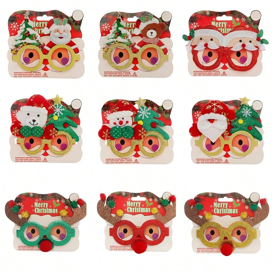 9 件随机款式圣诞装饰眼镜玩具，圣诞老人雪人鹿角创意眼镜，礼物 - 彩色 - 查看 1