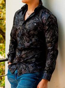 Camisa Hombre Casual Slim Fit Negra Floreada Plata - Negro - Ver 1
