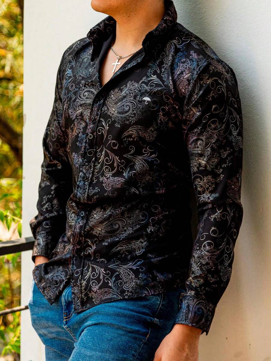 Camisa Hombre Casual Slim Fit Negra Floreada Plata - Negro - Ver 1