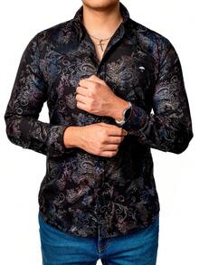 Camisa Hombre Casual Slim Fit Negra Floreada Plata - Negro - Ver 3