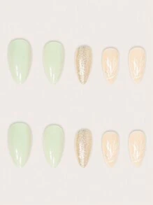 Consigue un look glamoroso con 24 piezas de uñas postizas en forma de almendra, en un elegante verde claro. Uñas falsas con lindo brillo verde y plantas. Uñas postizas de cobertura completa para mujeres y niñas. Incluye set de manicura con 1 pieza de gel y 1 lija. El gel se envía de forma aleatoria. - Verde - Ver 3