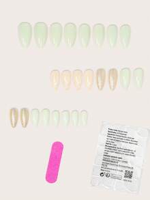 Consigue un look glamoroso con 24 piezas de uñas postizas en forma de almendra, en un elegante verde claro. Uñas falsas con lindo brillo verde y plantas. Uñas postizas de cobertura completa para mujeres y niñas. Incluye set de manicura con 1 pieza de gel y 1 lija. El gel se envía de forma aleatoria. - Verde - Ver 2