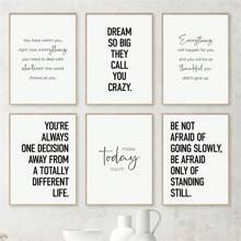 Juego de 6 pinturas inspiradas en citas motivacionales en lienzo en blanco y negro sin marco y con estilo nórdico y carteles de texto para decoración de pared de sala de estar y hogar