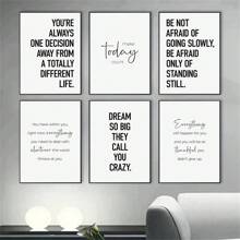 Juego de 6 pinturas inspiradas en citas motivacionales en lienzo en blanco y negro sin marco y con estilo nórdico y carteles de texto para decoración de pared de sala de estar y hogar