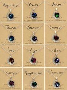 1/12pcs 12 Zodiac Glow-In-The-Dark Moon Pendant Necklace, Fashion Personalized Constellation Card Necklace - Silver - View 1