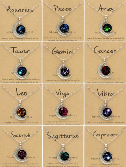 1/12pcs 12 Zodiac Glow-In-The-Dark Moon Pendant Necklace, Fashion Personalized Constellation Card Necklace