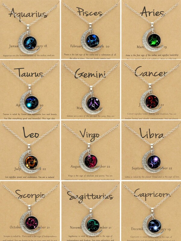 1/12pcs 12 Zodiac Glow-In-The-Dark Moon Pendant Necklace, Fashion Personalized Constellation Card Necklace