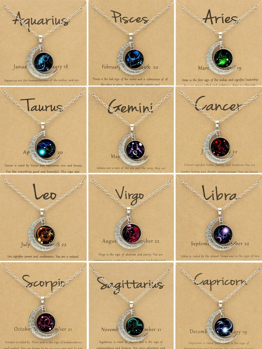 1/12pcs 12 Zodiac Glow-In-The-Dark Moon Pendant Necklace, Fashion Personalized Constellation Card Necklace - Silver - View 1