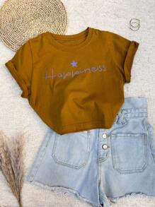 Cropped estilo curto camiseta blusa T-Shirt Feminina Algodão Gola Careca simples confortável "Happiness" - Castanho - Visão 2
