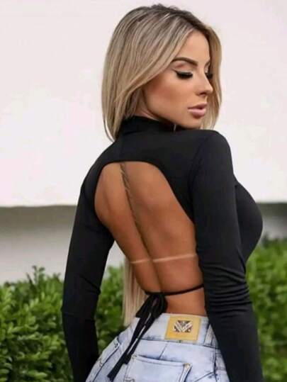 Top Cropped Costa Nua com Gola Alta Manga Longa Estiloso e Sensual para o Verão Outuno e Inverno