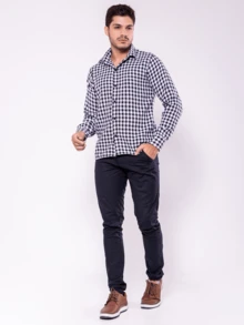Camisa Xadrez Masculina Lenhador Manga Longa Modelo Novo - Preto e Branco - Visão 4