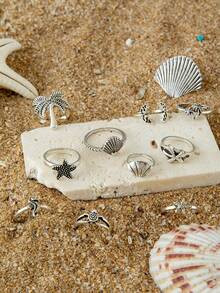 imoli 11入組合金椰樹、海星、貝殼、海龜、海馬的海洋風銀戒指套裝，女士海灘度假風格 - 彩色 - 查看 5
