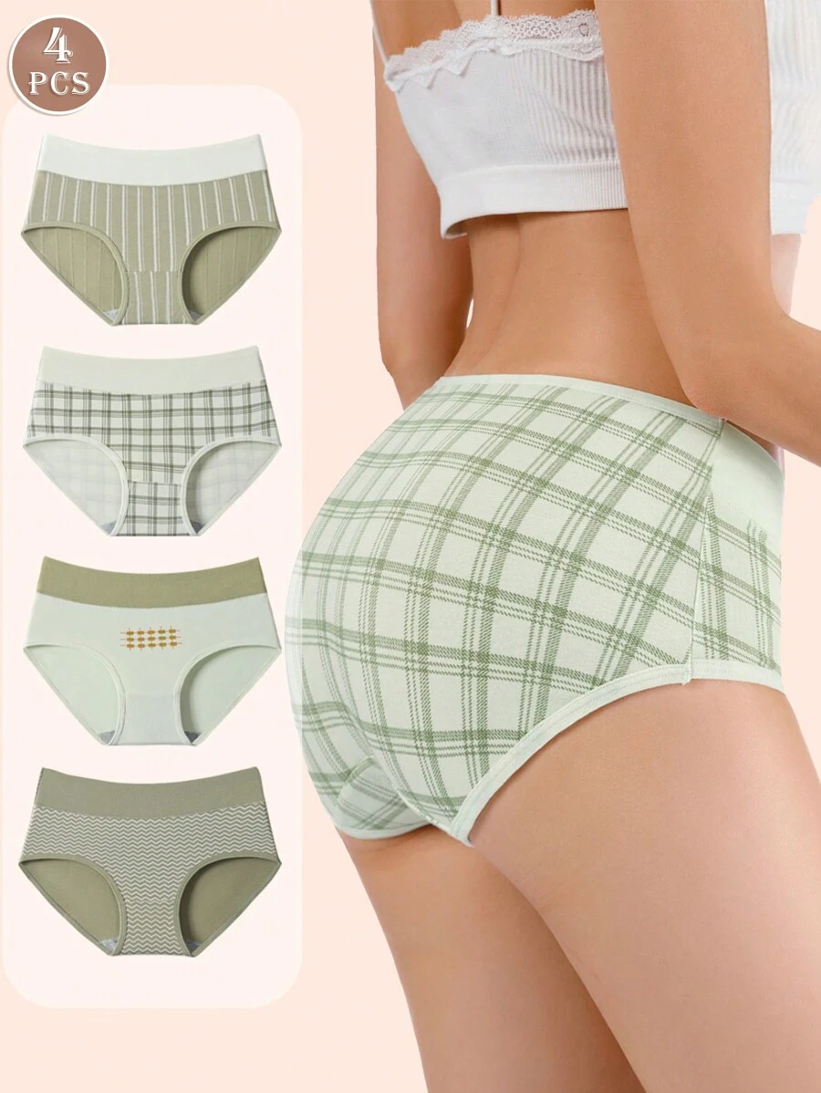 Bộ 4 quần lót bikini nữ cạp cao in họa tiết mềm mại và thoáng khí, đồ lót liền mạch, cỡ lớn
