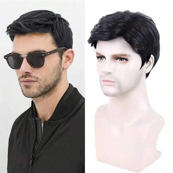 Synthetic Men's Short Straight Wig Black For Men Hair Fluffy Realistic Natural Headpiece Hair Heat Resistant For Daily Party