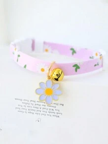 1 件小雏菊印花猫项圈带铃铛和扣子，小猫项链宠物配件