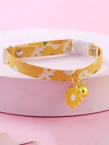 1 件小雏菊印花猫项圈带铃铛和扣子，小猫项链宠物配件