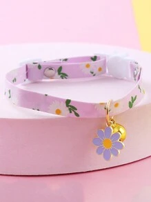 1 件小雏菊印花猫项圈带铃铛和扣子，小猫项链宠物配件
