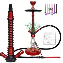 1pc Aluminum Alloy Hookah Pipe, Large Size With 50pcs Aluminum Foil Papers, 50pcs Disposable Long Mouthpieces, Silicone Hose, Aluminum Alloy Handle, Spring Cover, Clamp, Ceramic Bowl, Handblown Colored Glass Bottle - one-size - View 9