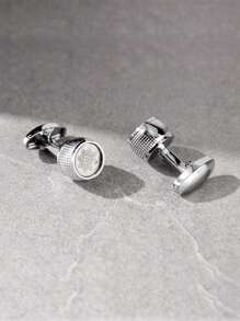 1 对圆形厚花卉图案装饰花饰袖扣，适合男士正装衬衫和西装的优雅配饰 - 銀色 - 查看 1