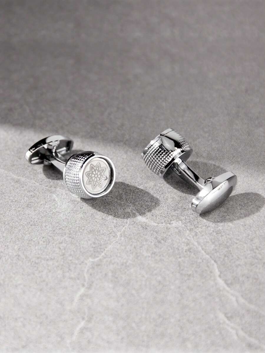 1 对圆形厚花卉图案装饰花饰袖扣，适合男士正装衬衫和西装的优雅配饰 - 銀色 - 查看 1