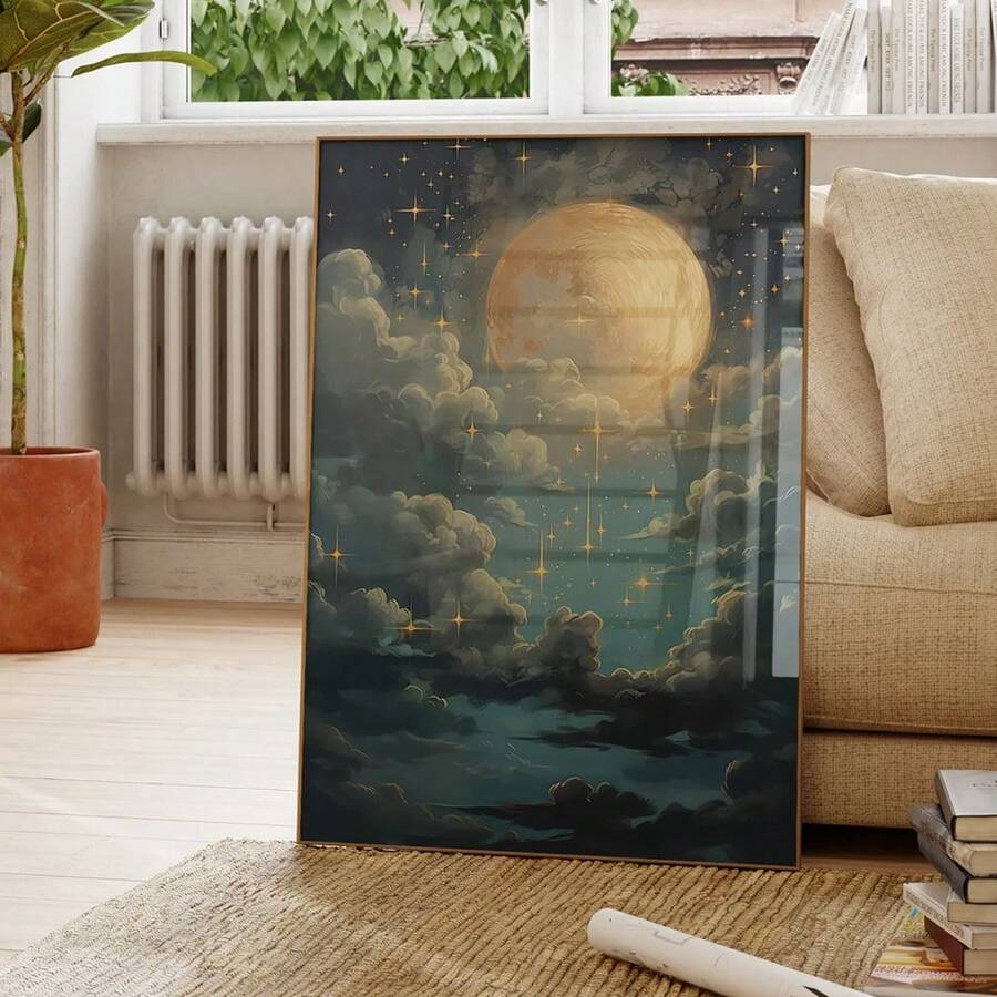 1入組，復古迷人的天體月亮油畫牆壁藝術，黑暗學院風格和暗黑小屋風格，夜空油畫，月亮藝術印刷，50*70cm（19.7*27.5英寸）無框畫 - 彩色 - 查看 1