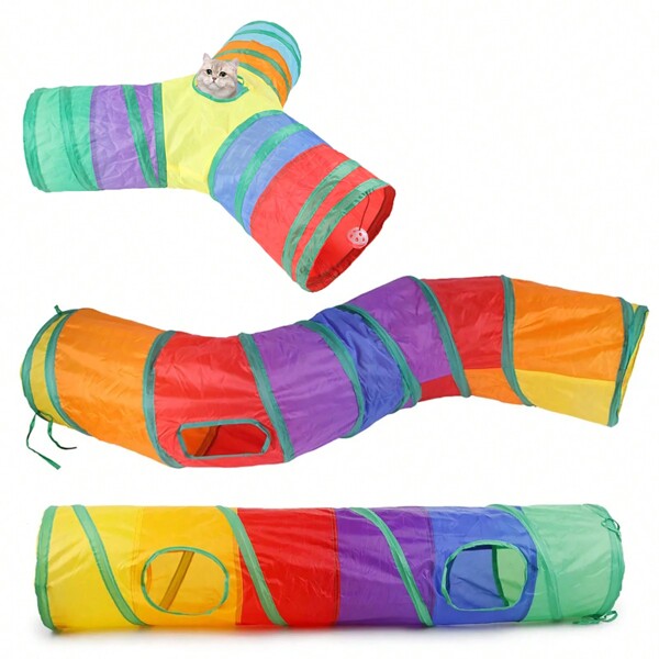 1 pièce Tunnel pour chat en polyester arc-en-ciel noir, pliable, tunnel interactif d'entraînement pour chat, bâton ensorceleur pour chat, souris en peluche, jouet de tunnel pour chat et lapin, pour chats et chiens d'intérieur et d'extérieur