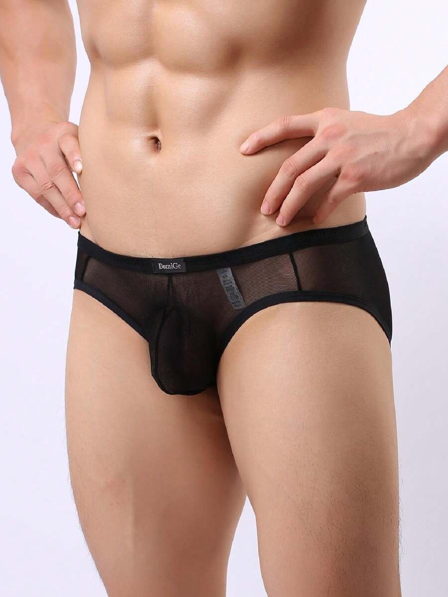 DomiGe 1入組性感黑色高彈性透明網眼男士低腰T形汪汪褲 - 黑色 - 查看 1