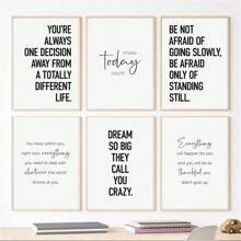 Juego de 6 pinturas inspiradas en citas motivacionales en lienzo en blanco y negro sin marco y con estilo nórdico y carteles de texto para decoración de pared de sala de estar y hogar